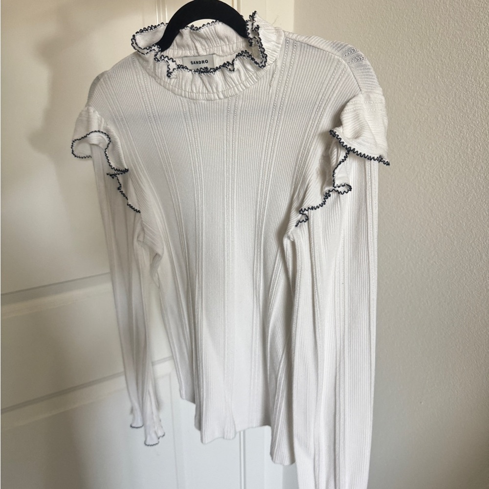 Sandro White Ruffle Trim Top